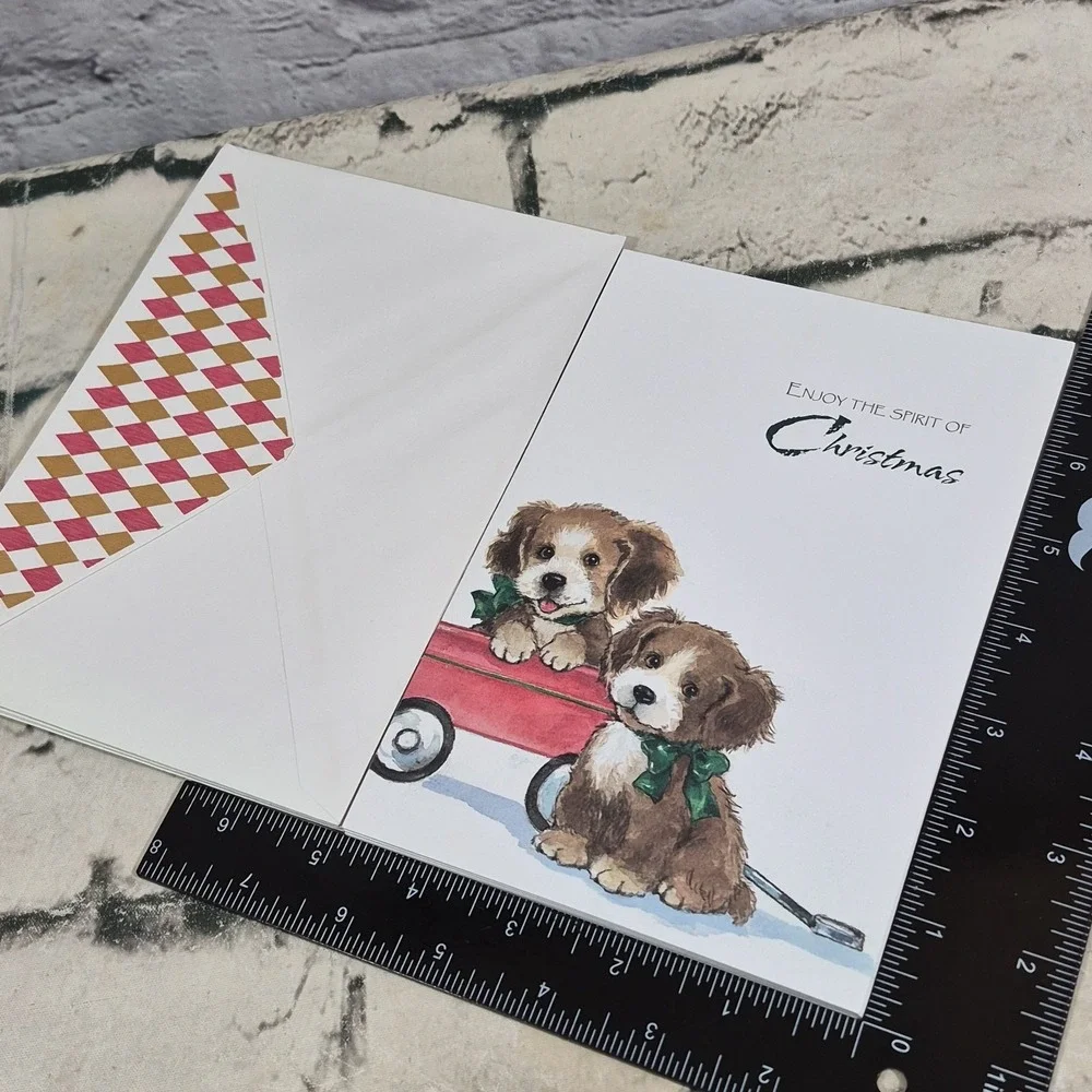 Holiday Friends Christmas Cards Embossed Puppies In A Wagon Lot Of 6